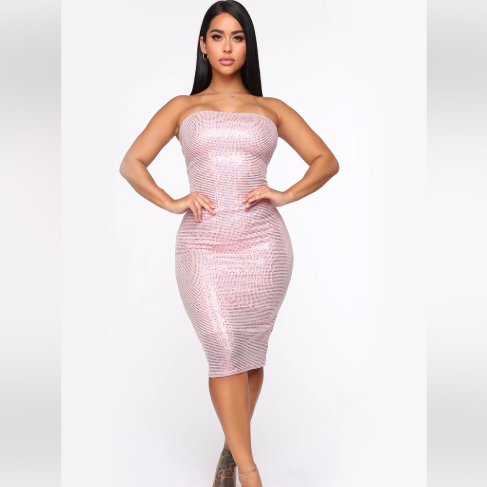 Pink Sequin Strapless Midi Dress
